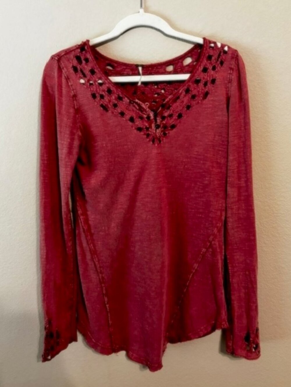 Free People Lace Cut-Out Embroidered Long Sleeve Top; Coral; Size: M